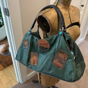 Gabs Forrest Green Italian Leather Shoulder Purse with Travel Luggage Patches.
